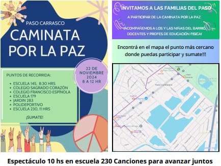 Caminata por la Paz, puntos de encuentro: Hora 8.30 Escuela 145, Colegio Sagrado Corazon, Colegio Fransisco Espinola, Escuela 179, Jardin 283y  Plideportivo. Hora 11 Escuela 230