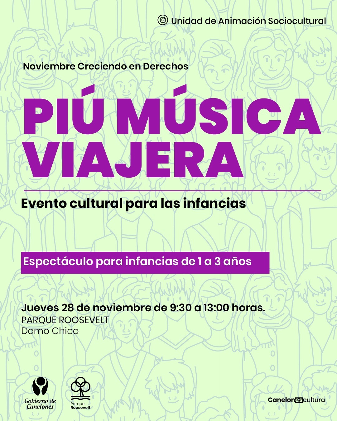 vento cultural  para las infancias de 9:30 am a 13 pme 1 a 3 años   Dia 28 de noviembre actuación de Piú Música Viajera de 9 