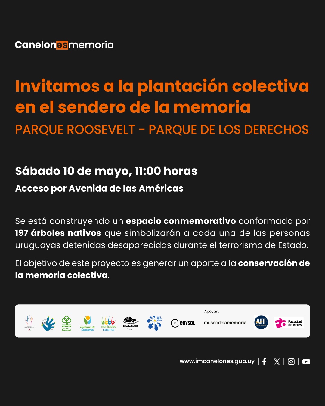 10 de mayo hora 11  Plantación colectiva de 197 árboles que simbolizarán a cada una de las personas deteniadas desaparecidas durante el terrorismo de estado  en el espacio en construccion Sendero de la Memoria.