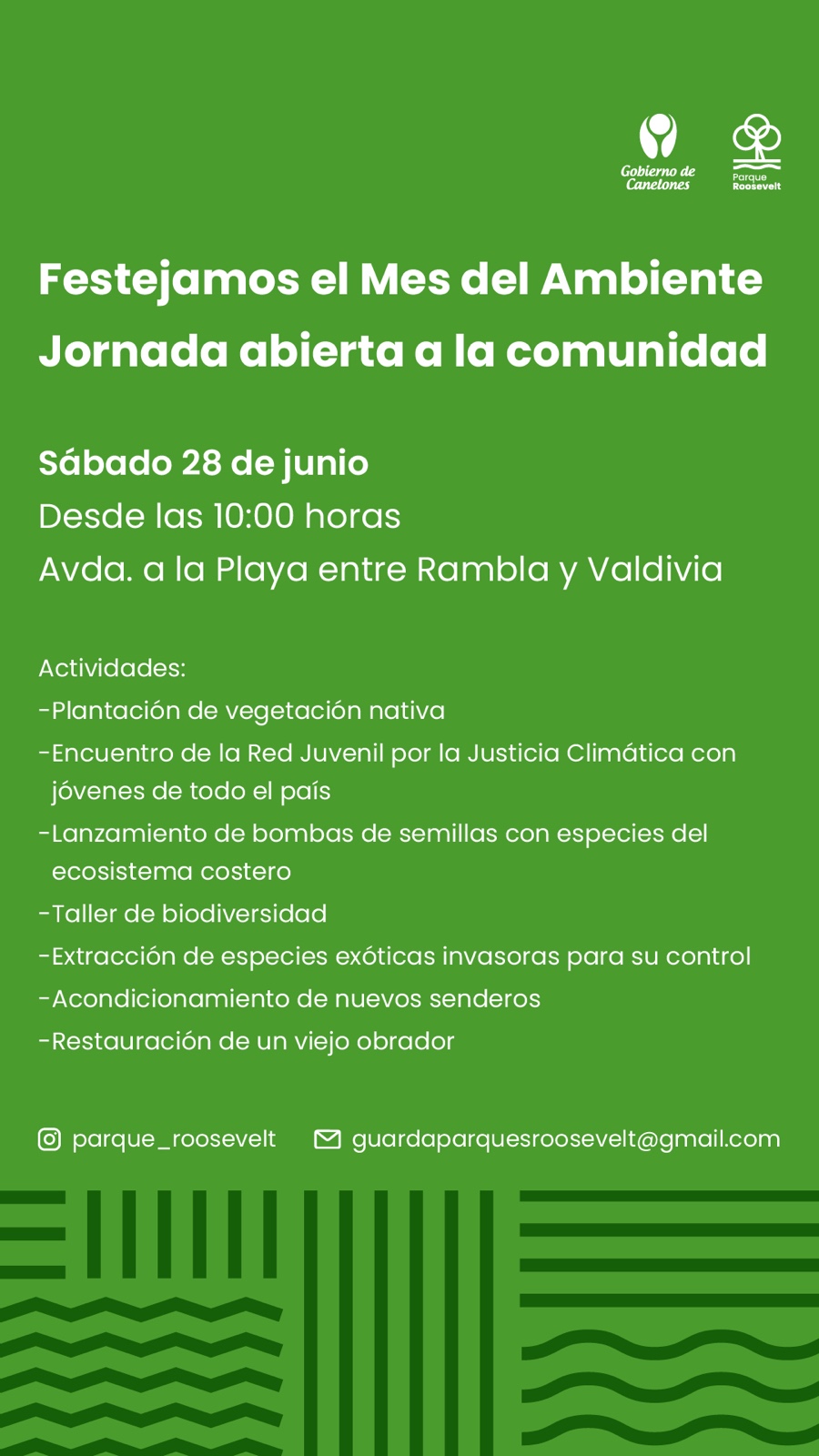 Festejamos el Mes del Ambiente, jornada abierta a la comunidad.  Actividades:   - plantación de vegetación nativa  - Encuentro de la Red de Voluntariado Ambiental, con jóvenes de todo el país  - lanzamiento de  bombas de semillas con especies del ecosistema costero  - taller de biodiversidad  - extracción de especies exóticas invasoras para su control  - acondicionamiento de  nuevos senderos  - restauración de un viejo obrador