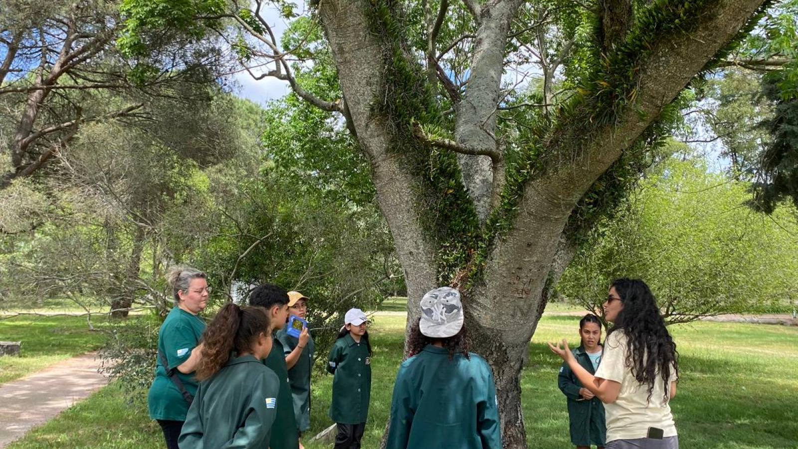 Niños y niñas hablando al rededor de un árbol