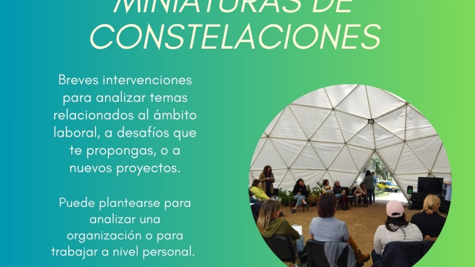 Breves intervenciones para analizar temas relacionados al ámbito laboral, a desafíos que te propongas. o a nuevos proyectos.  Puede plantearse para analizar una organización o para trabajar a nivel personal.  Facilita: Liz Nuesch  Información: 099606887